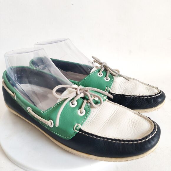 LL Bean Boat Shoes Womens Size 8 Blue Green White Preppy Slip On Loafers Leather - Picture 1 of 10